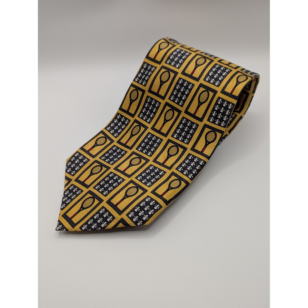Vicky Davis II Net Work Mens Silk Tie Yellow Tennis Racket Novelty Print‎ USA